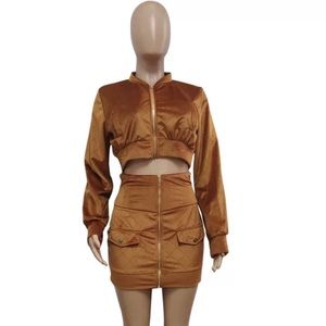 2 Piece Skirt Set Sizes: S M L XL Brand: Hint Fashions Color: Brown Sueded